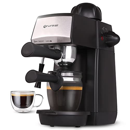 Grunkel - Cafetera Espresso con 5 bares de presión y capacidad para 4 tazas - CAFPRESO-H5 BAR - Pistola de espuma con dispositivo de seguridad integrada - 870W - Negro y Acero