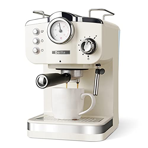 Derlla máquina de café espresso, máquina de café retro, 20 bares, capuchino, latte macchiato, rejilla antigoteo extraíble de acero inoxidable, bandeja antigoteo apta para lavavajillas, color blanco