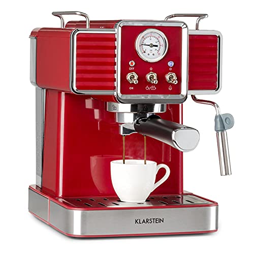 KLARSTEIN Gusto Classico - Cafetera de espresso, Potencia 1350 W, Presión bomba 20 bar, Depósito agua 1,5 L, Boquilla de espumado de leche, Barómetro, Filtro de aluminio para cápsulas de café, Rojo