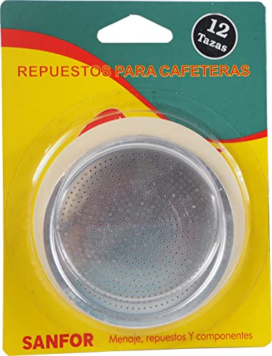 Sanfor Juntas Goma + Filtro para Cafetera Italiana, 12 Tazas, Caucho Blanco, Aluminio, 92 x 75 x 8 mm, 87027