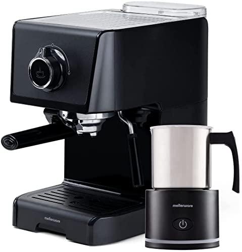 Mellerware - Pack | Cafetera Espresso Koffy! + Espumador de Leche Frothy! | CAFETERA: 20Bar y 1200W para Cafe y Cappuccino | ESPUMADOR: 600W y 250ml, Espuma Caliente/Fría 3en1 | Inox Black